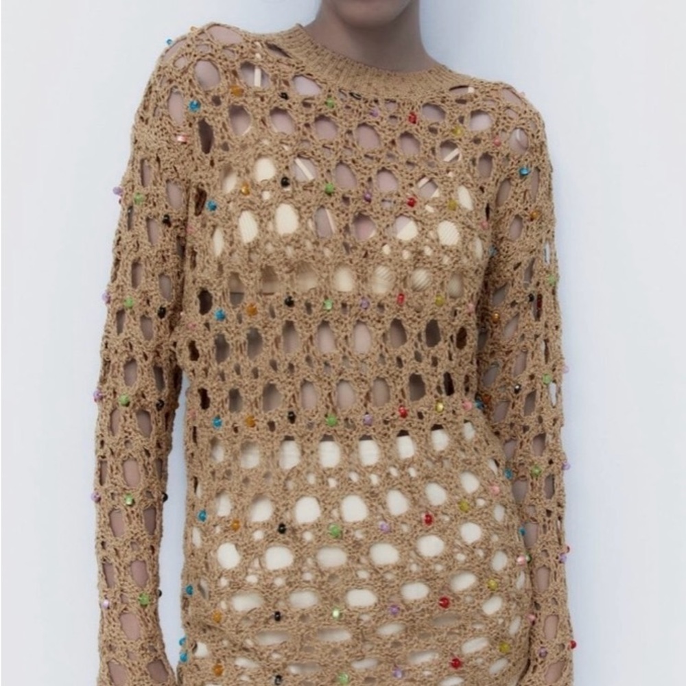 Zara Colorful Beaded Crochet Sweater medium